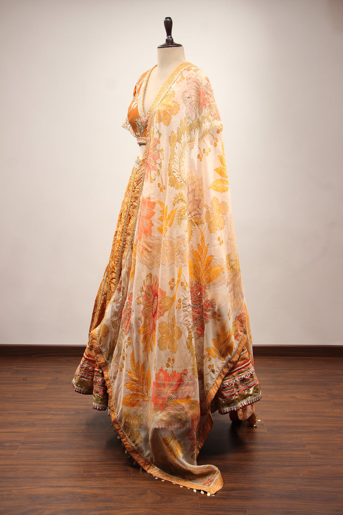Rust Banarasi Brocade Crop Top Lehenga with Gota Patti & Zari Handwork – side view