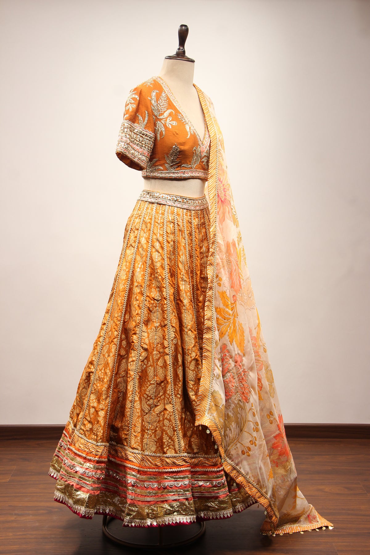 Rust Banarasi Brocade Crop Top Lehenga with Gota Patti & Zari Handwork – other side view