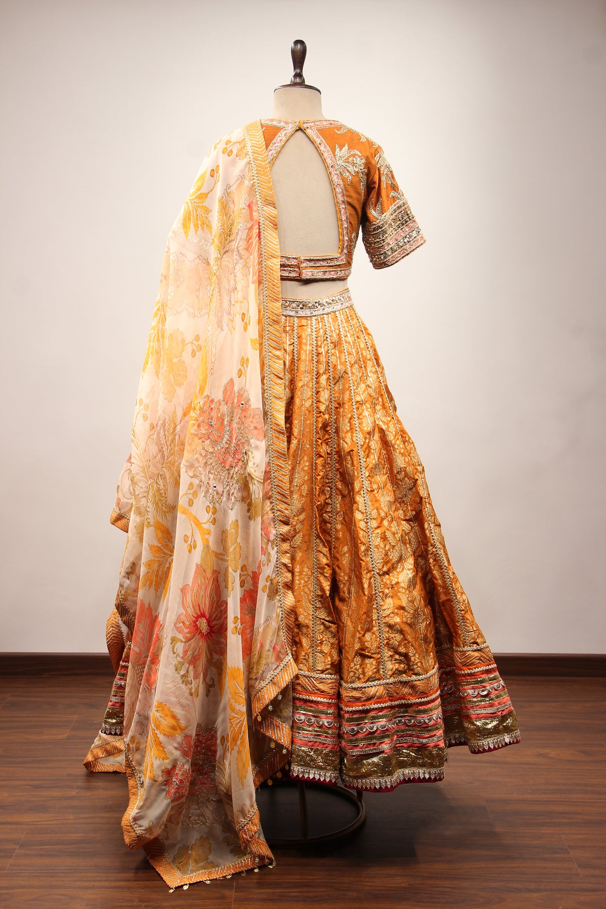 Rust Banarasi Brocade Crop Top Lehenga with Gota Patti & Zari Handwork – back view