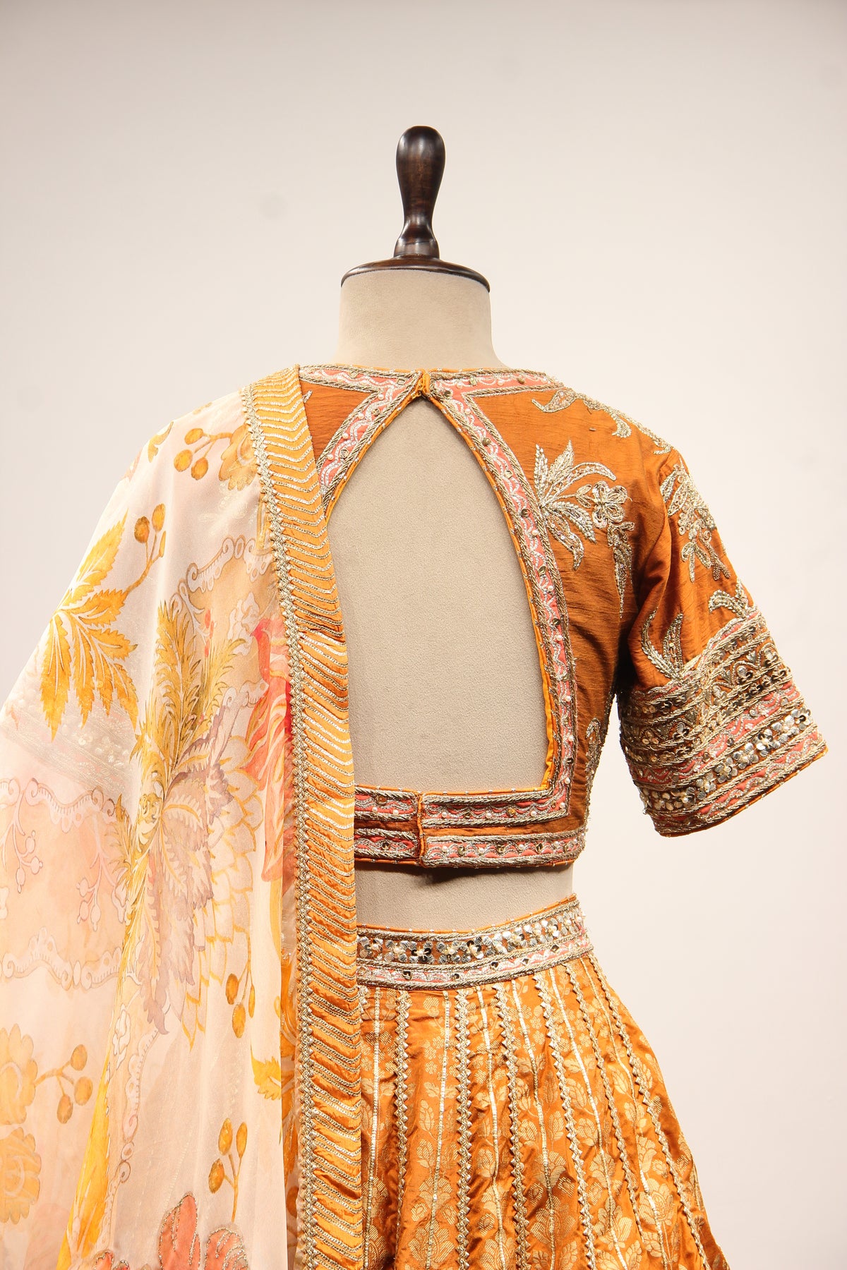 Rust Banarasi Brocade Crop Top Lehenga with Gota Patti & Zari Handwork – back close-up