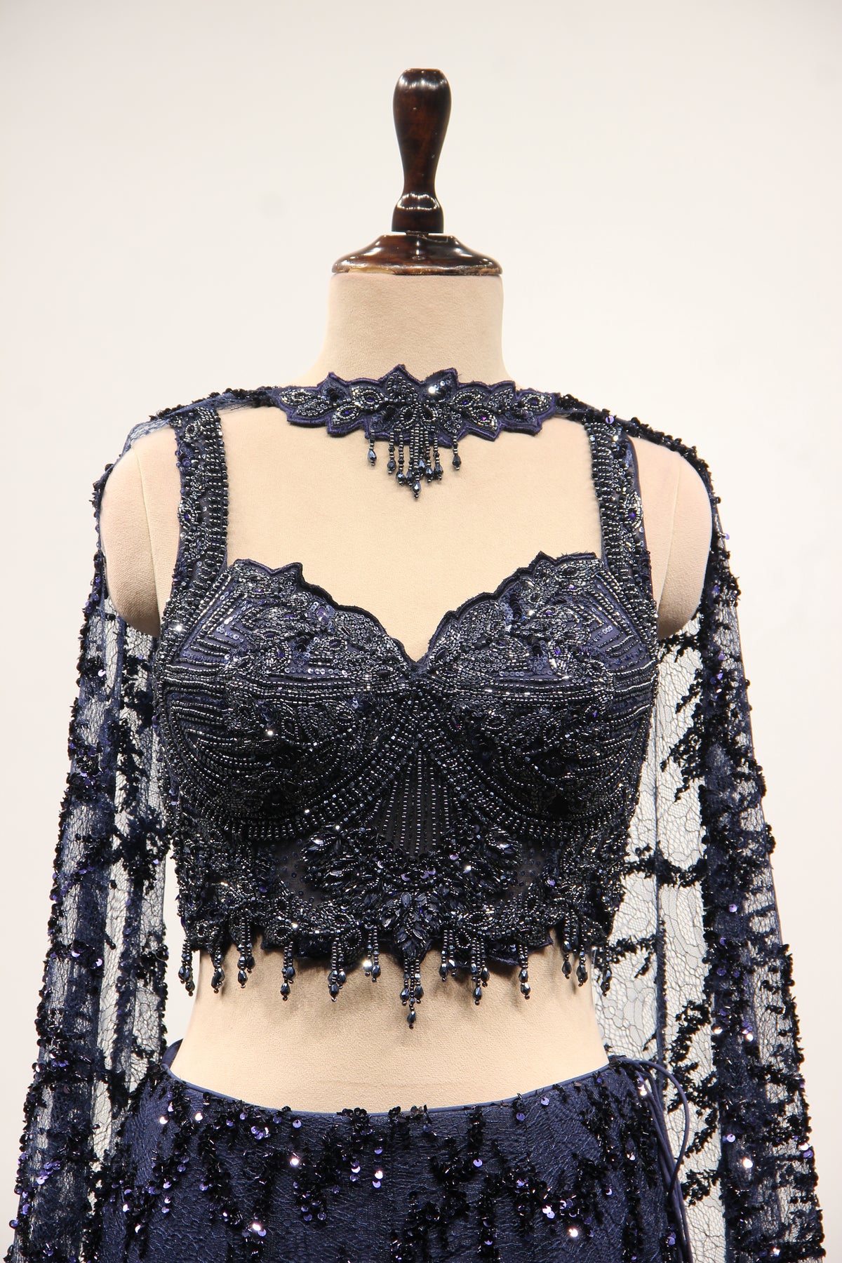 Navy Blue Imported Fish Cut Lehenga with Cut Dana & Bead Handwork – front close-up