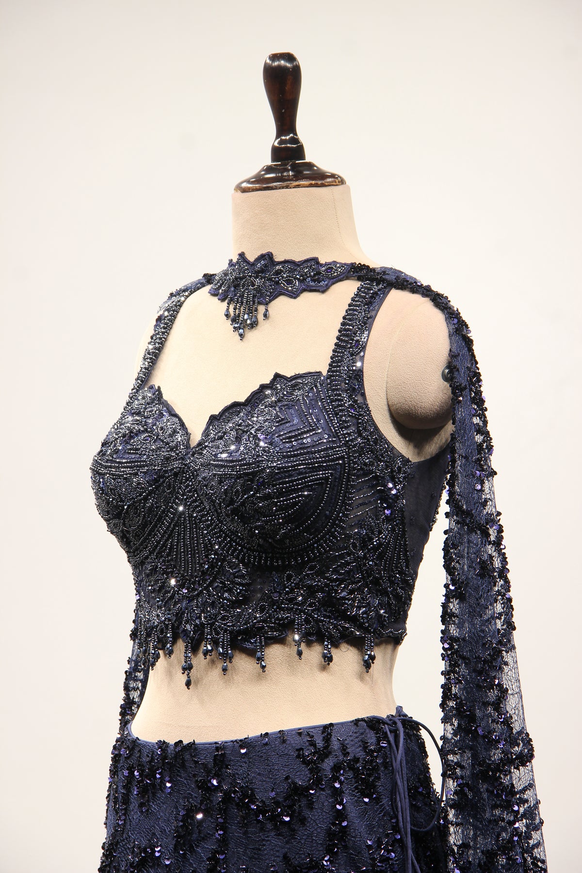 Navy Blue Imported Fish Cut Lehenga with Cut Dana & Bead Handwork – side close-up