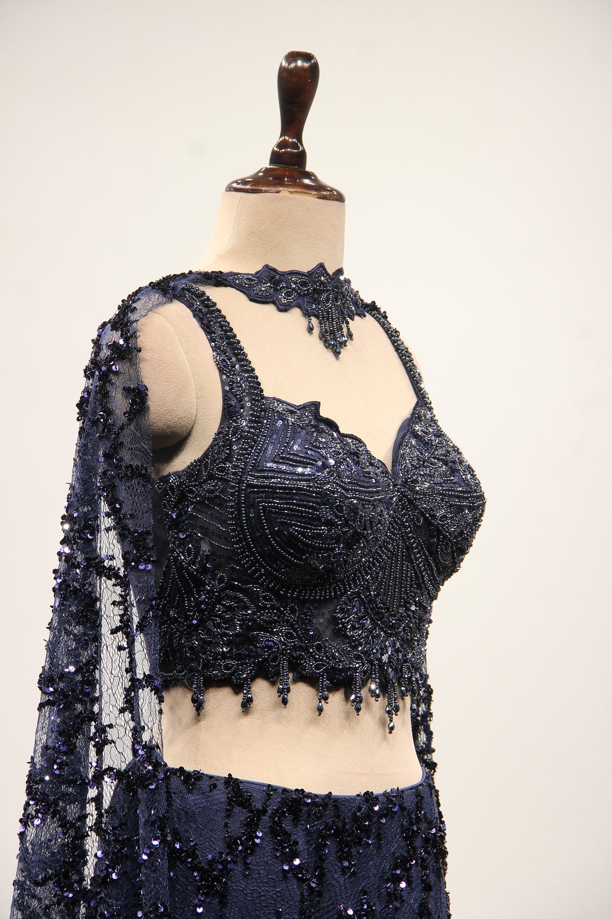Navy Blue Imported Fish Cut Lehenga with Cut Dana & Bead Handwork – other side close-up