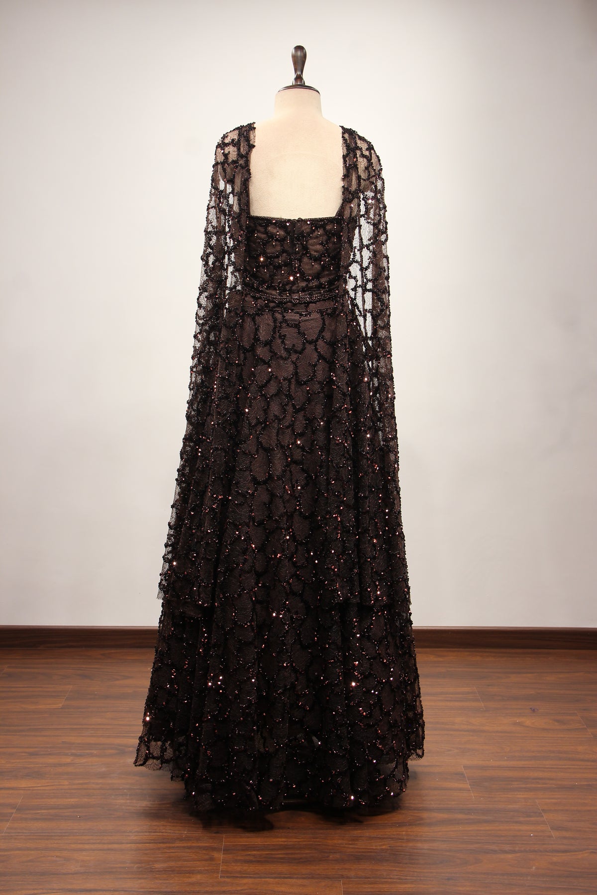 Brown Imported Net Corset Lehenga with Sequin & Cut Dana Handwork – back view