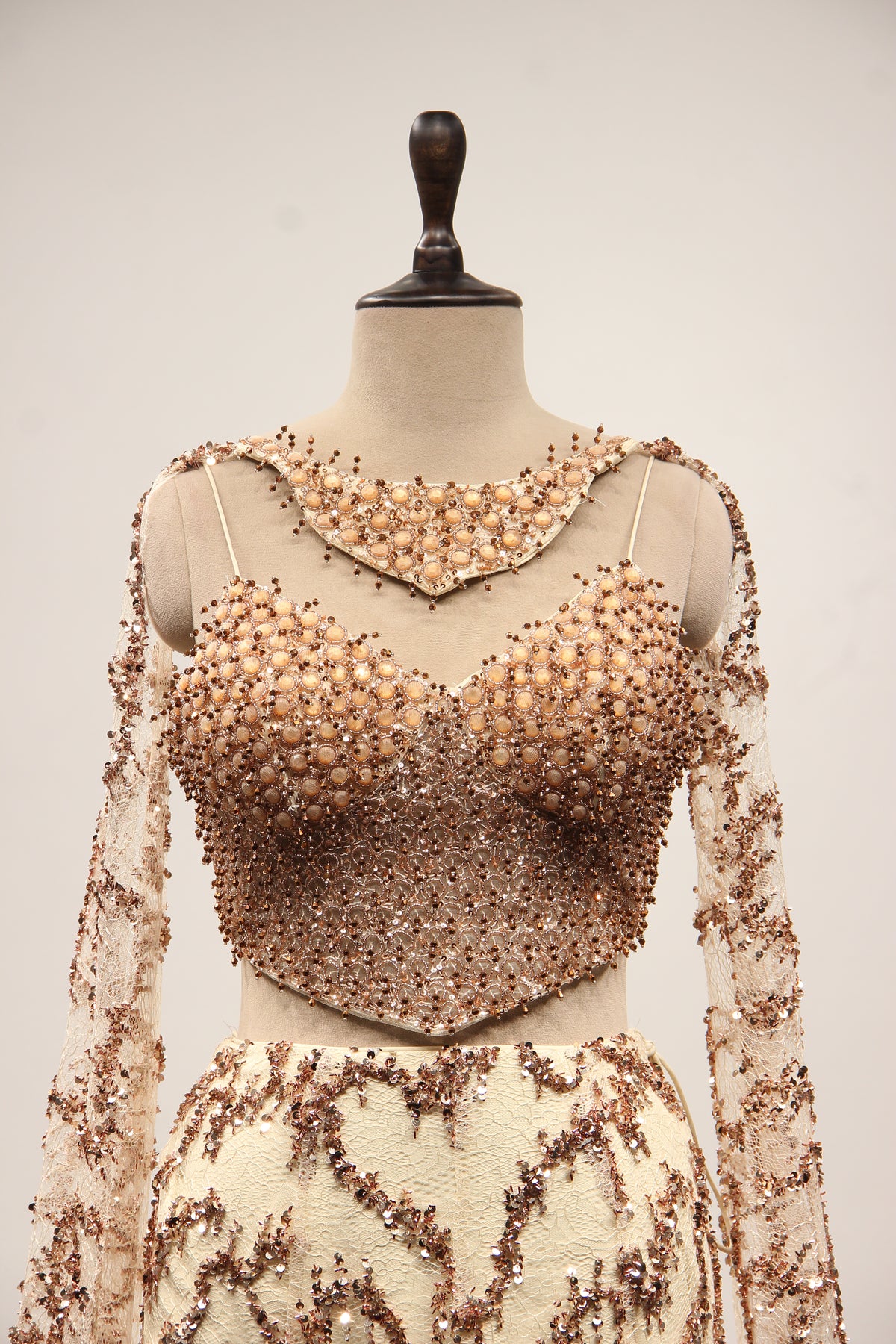 Gold Imported Lehenga with Choker Dupatta, Sequin & Bead Handwork – front close-up