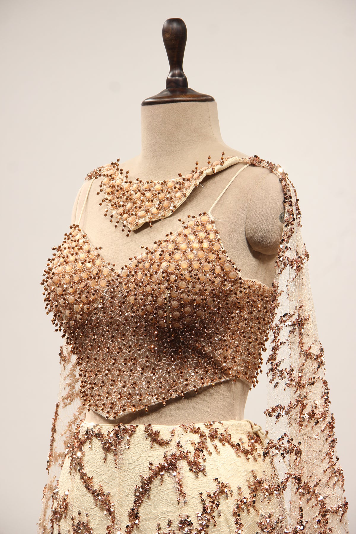 Gold Imported Lehenga with Choker Dupatta, Sequin & Bead Handwork – side close-up