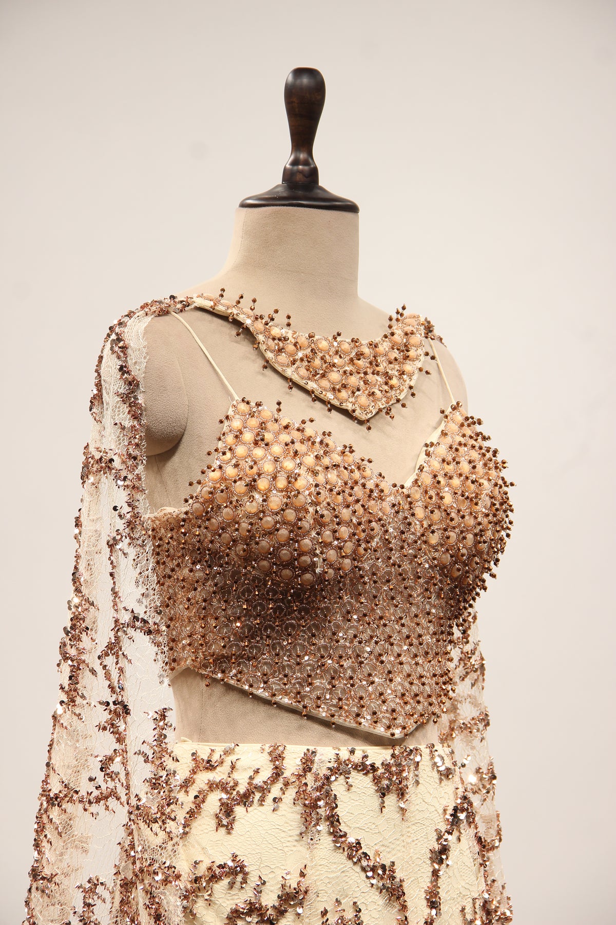 Gold Imported Lehenga with Choker Dupatta, Sequin & Bead Handwork – other side close-up