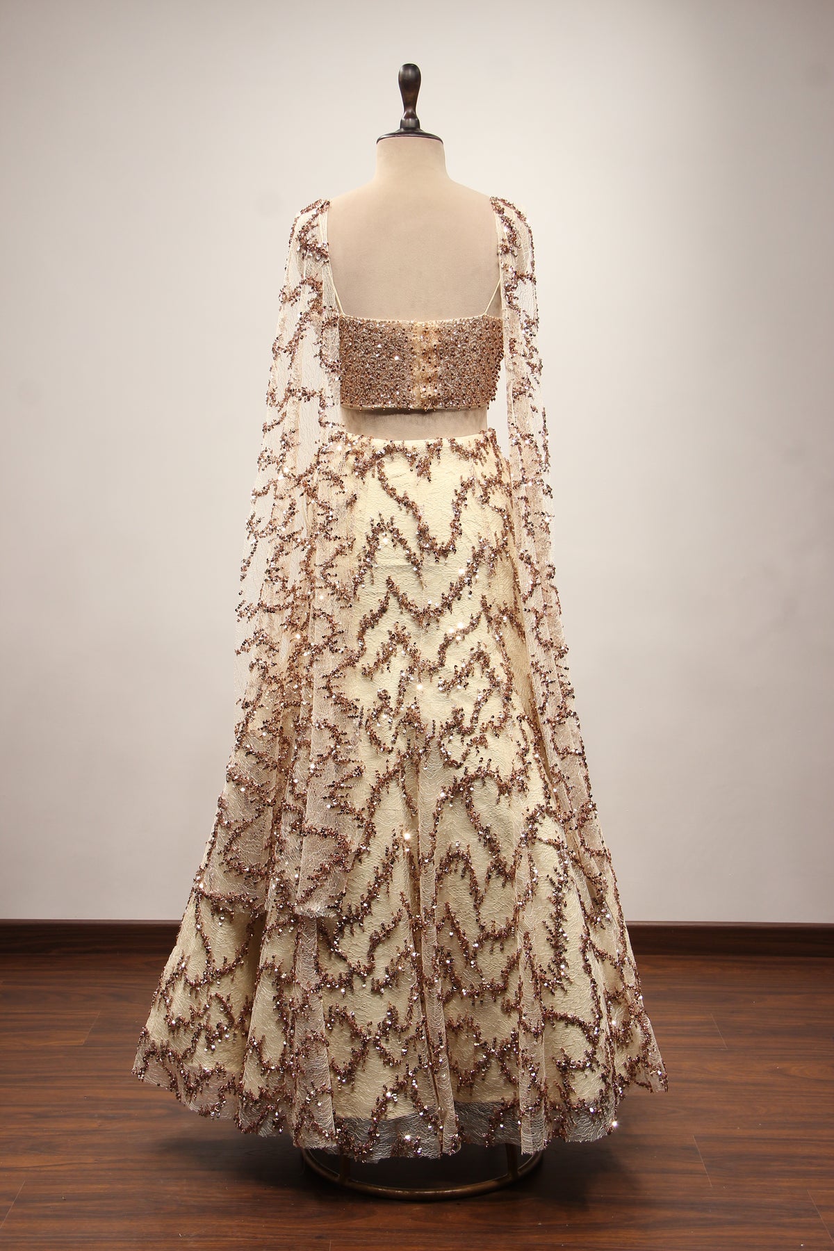 Gold Imported Lehenga with Choker Dupatta, Sequin & Bead Handwork – back view