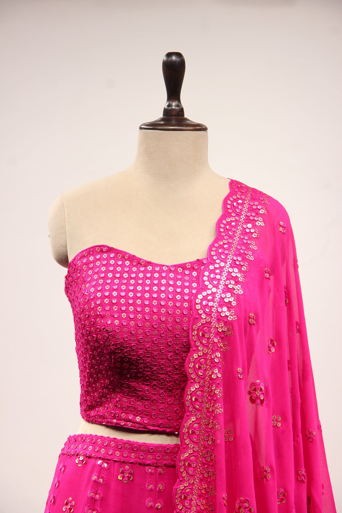 Rani Georgette Off Shoulder Lehenga with Resham & Sequin Handwork – front close-up