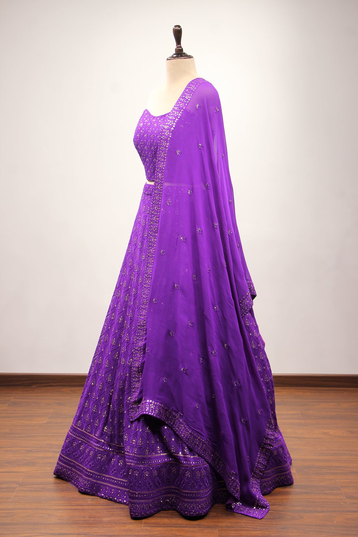 Purple Georgette Corset Lehenga with Resham & Sequin Handwork – side view