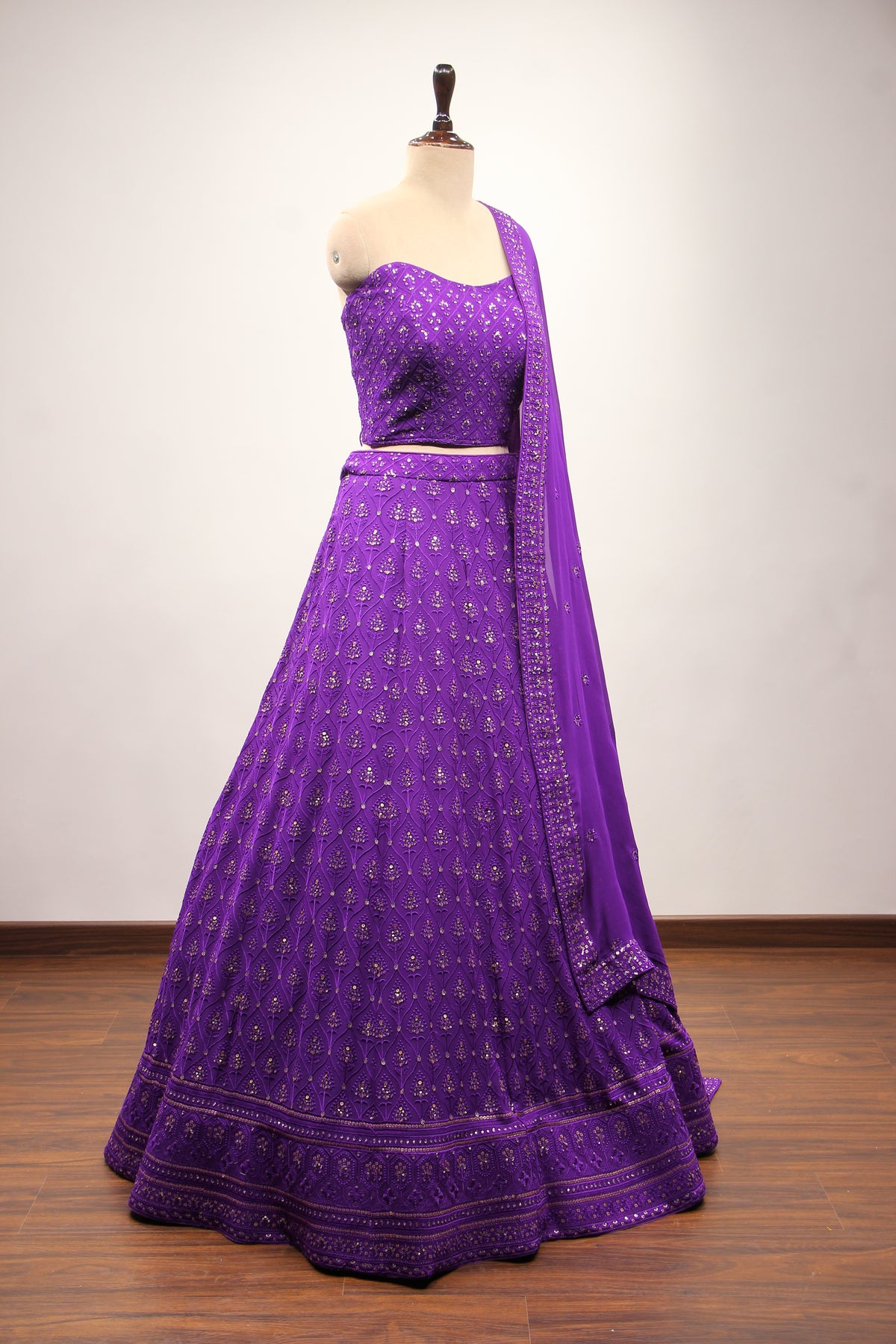 Purple Georgette Corset Lehenga with Resham & Sequin Handwork – other side view