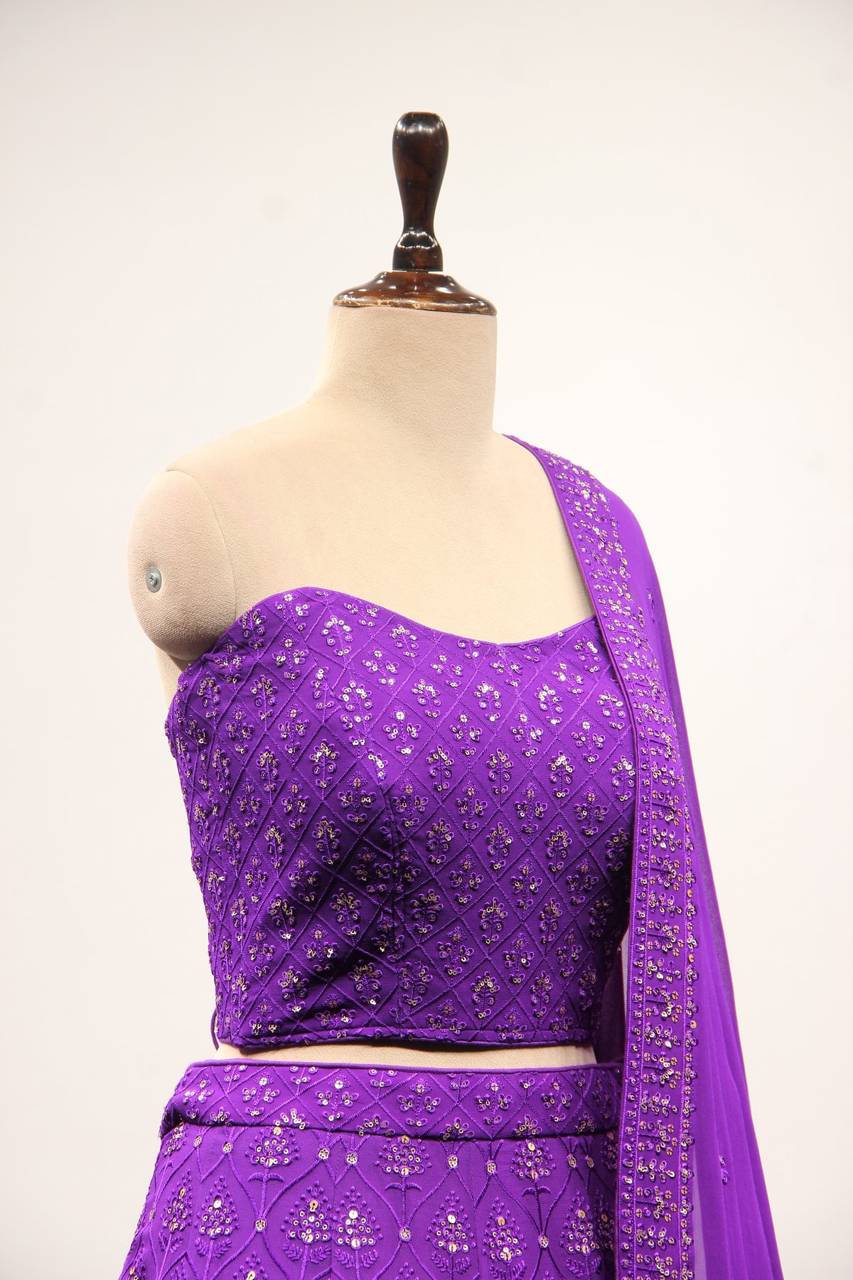 Purple Georgette Corset Lehenga with Resham & Sequin Handwork – other side close-up