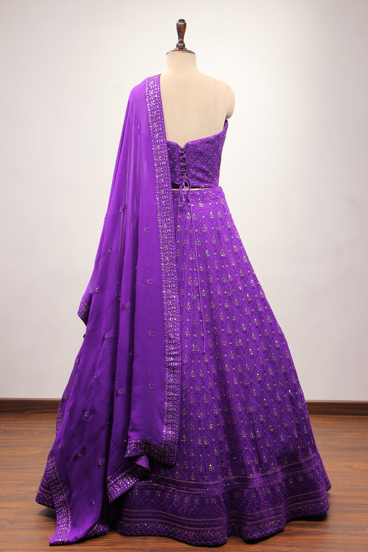 Purple Georgette Corset Lehenga with Resham & Sequin Handwork – back view
