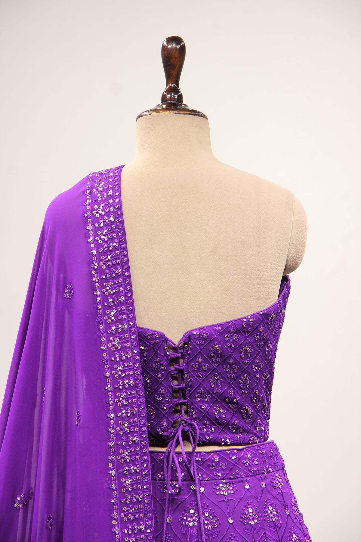 Purple Georgette Corset Lehenga with Resham & Sequin Handwork – back close-up