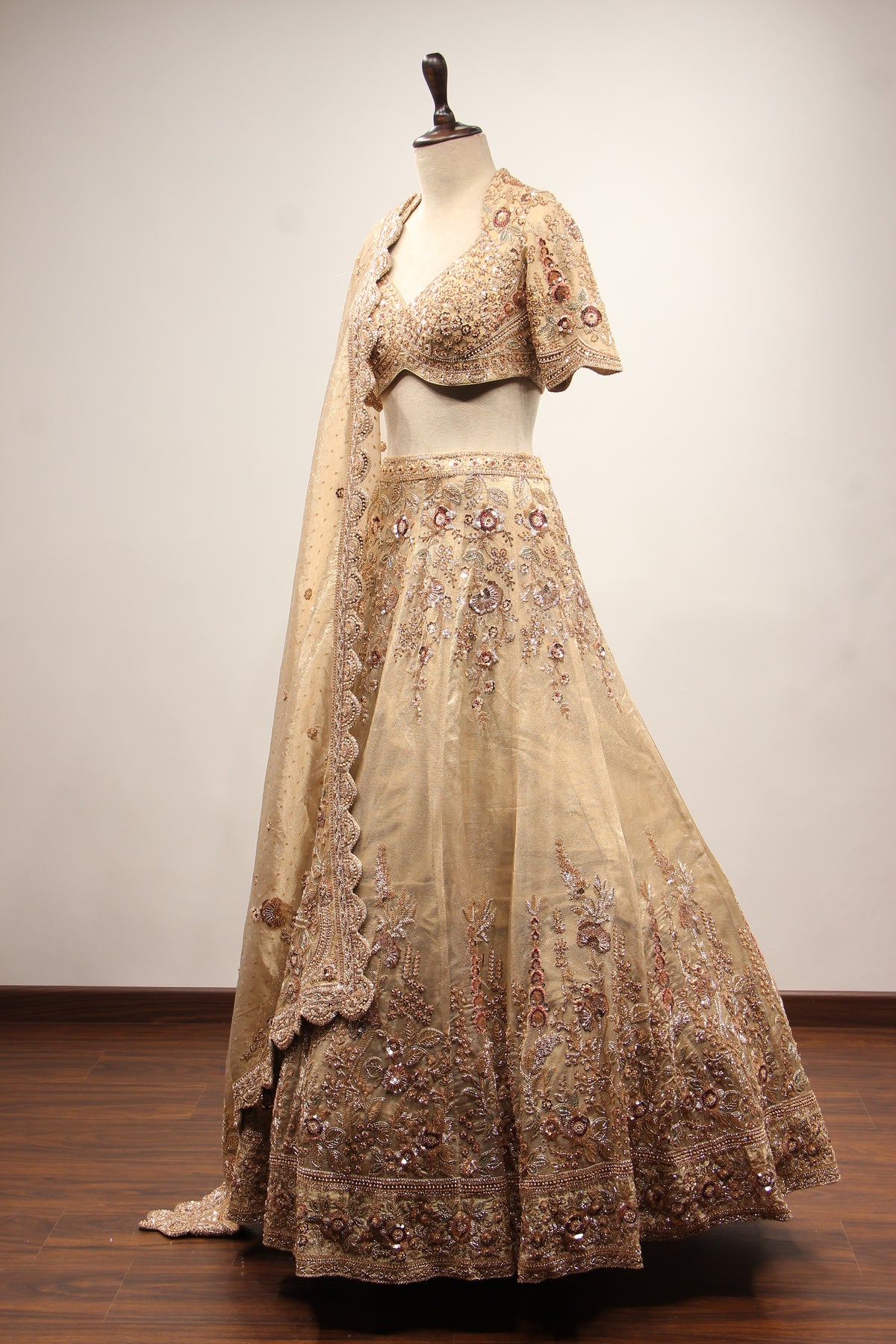 Gold Tissue Lehenga with Resham & Sequin Handwork Half Sleeve Crop Top – side view