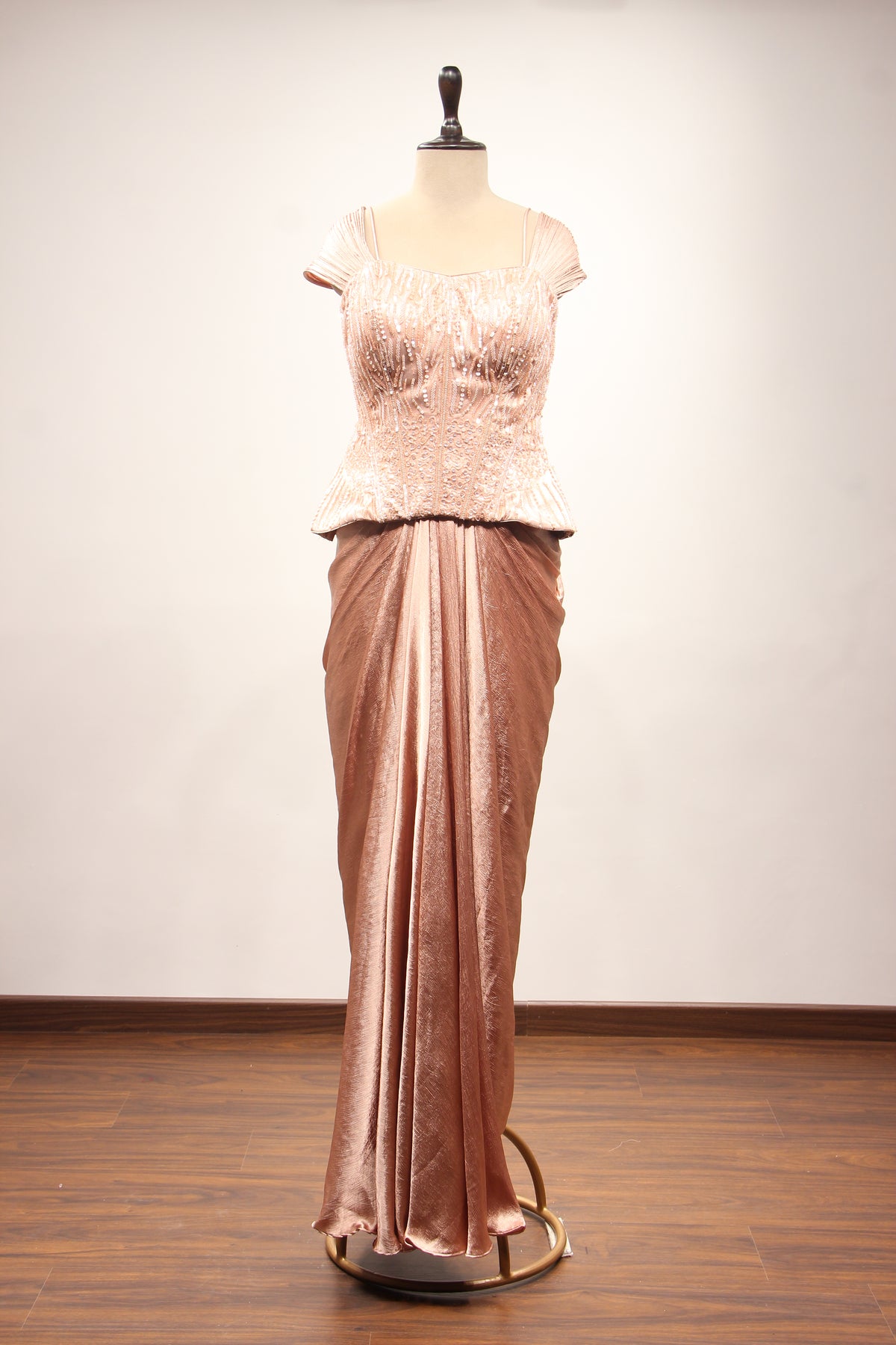 Peach Imported Indo Western Cowl Skirt with Sequin & Cut Dana Handwork – front view