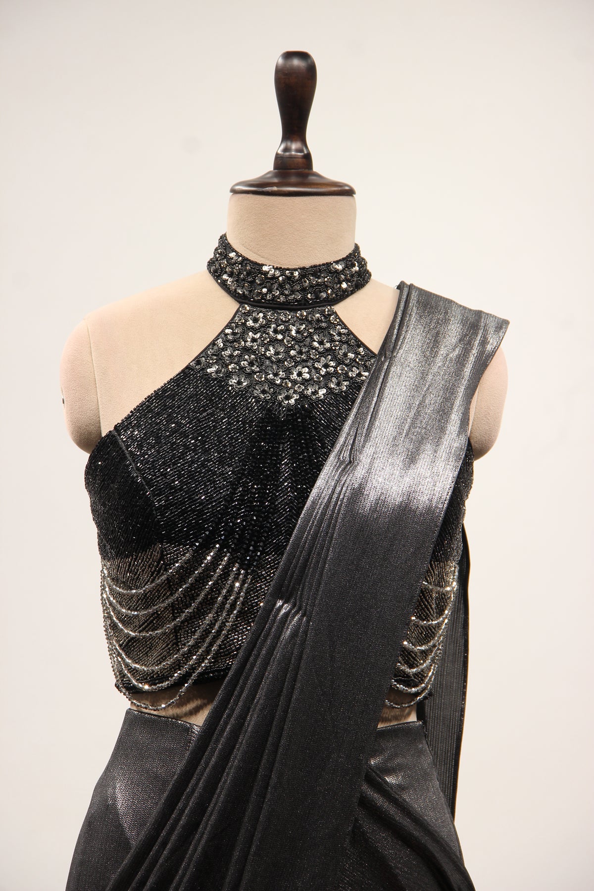 Black Imported Halter Neck Drape Saree with Cut Dana & Bead Handwork – front close-up