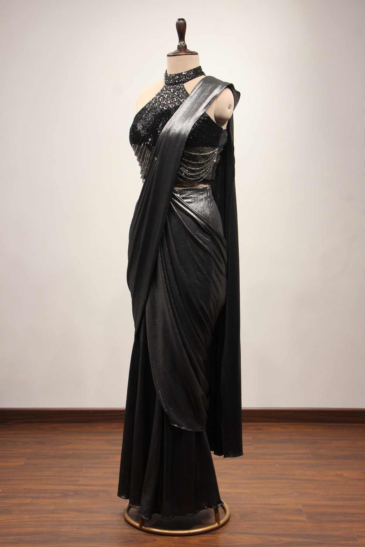 Black Imported Halter Neck Drape Saree with Cut Dana & Bead Handwork – side view