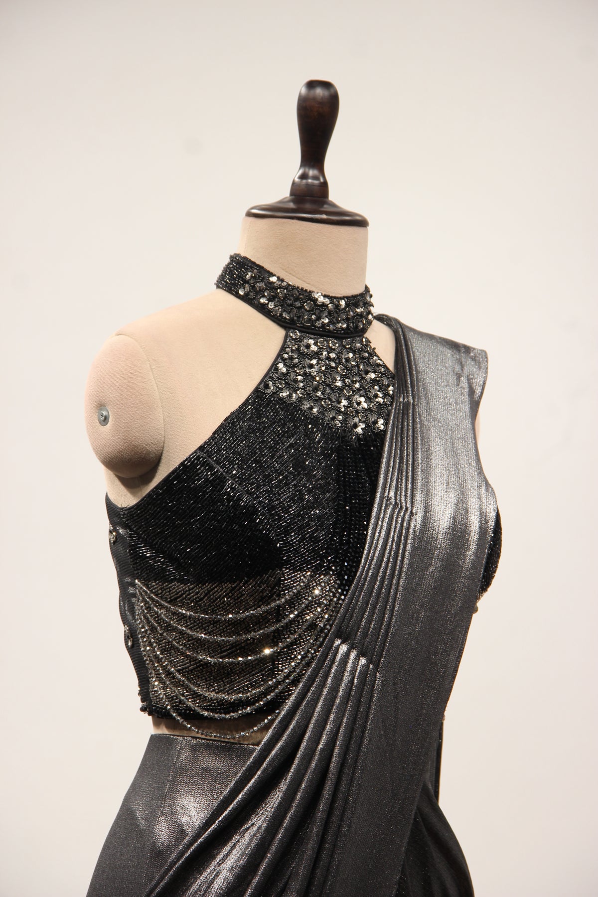 Black Imported Halter Neck Drape Saree with Cut Dana & Bead Handwork – other side close-up