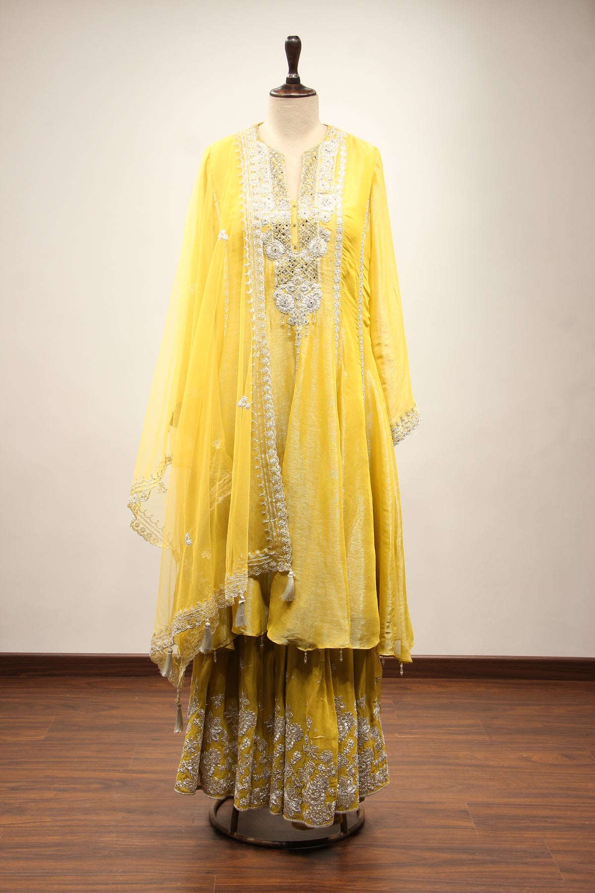 Yellow Shimmer Tissue Short Anarkali Suit with Zari & Mirror Handwork – front view
