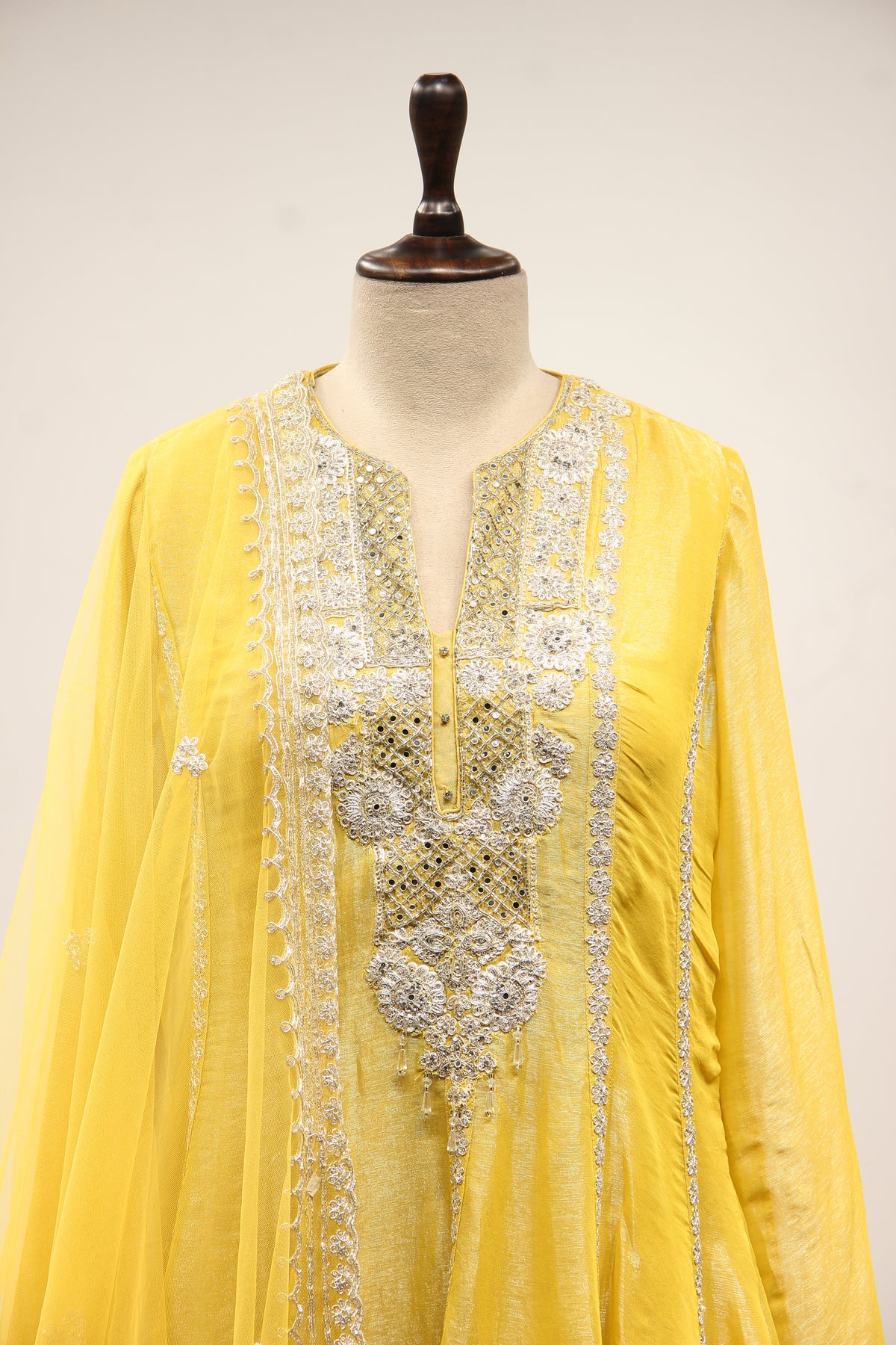 Yellow Shimmer Tissue Short Anarkali Suit with Zari & Mirror Handwork – front close-up