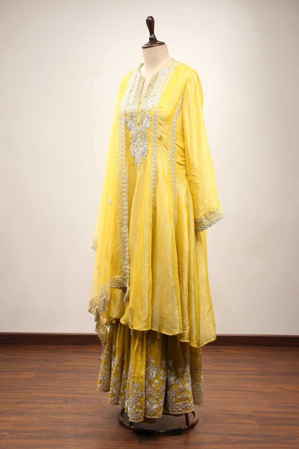 Yellow Shimmer Tissue Short Anarkali Suit with Zari & Mirror Handwork – side view