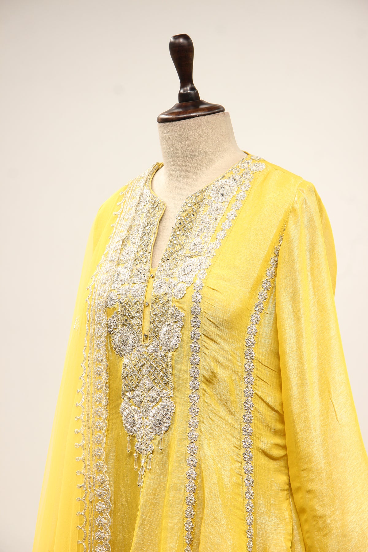 Yellow Shimmer Tissue Short Anarkali Suit with Zari & Mirror Handwork – side close-up