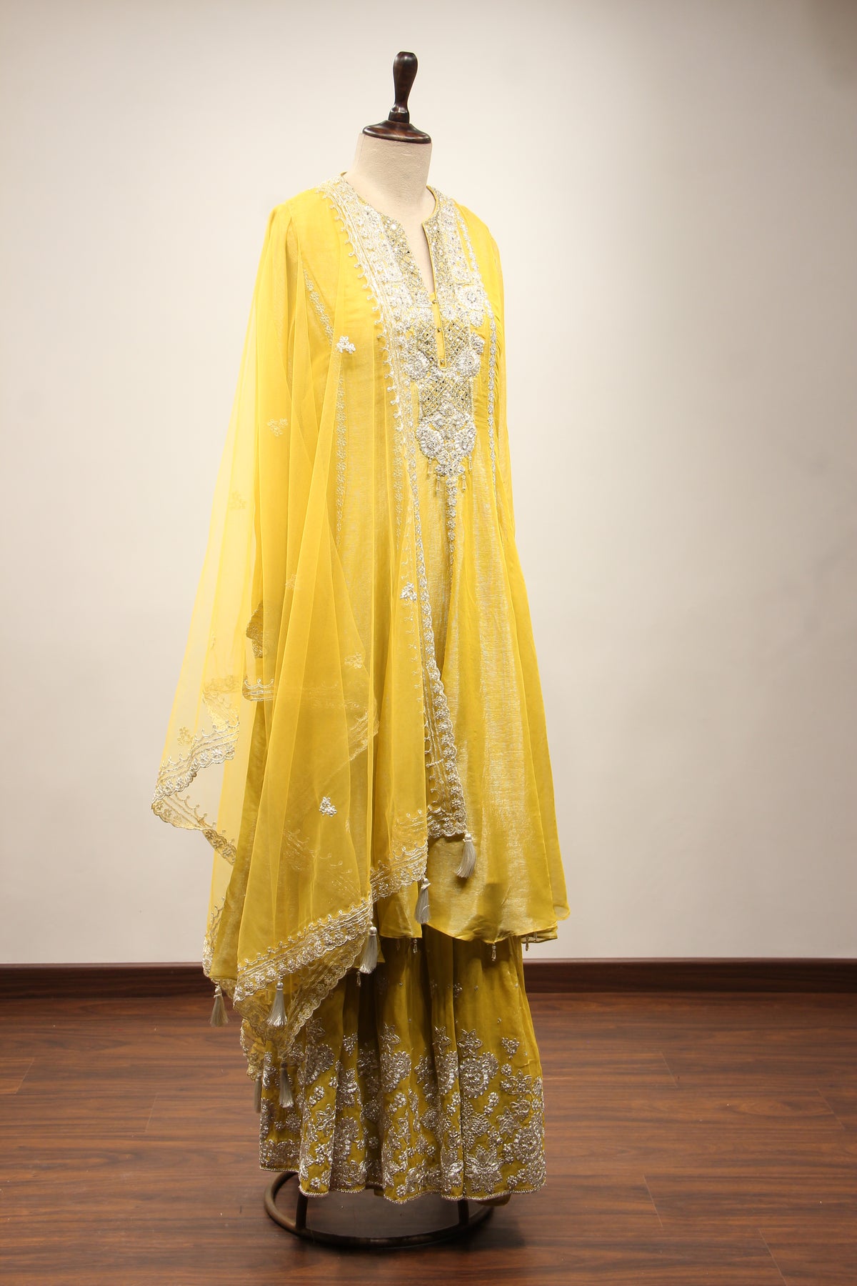 Yellow Shimmer Tissue Short Anarkali Suit with Zari & Mirror Handwork – other side view