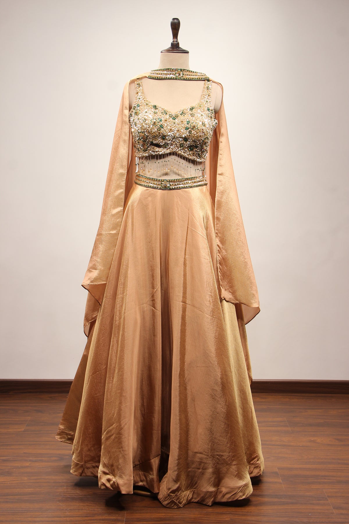 Gold Shimmer Tissue Lehenga with Cut Dana & Sequin Handwork Fringe Top – front view