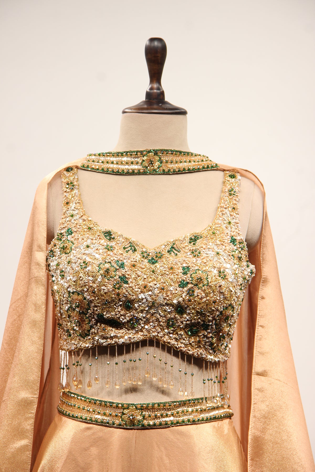 Gold Shimmer Tissue Lehenga with Cut Dana & Sequin Handwork Fringe Top – front close-up