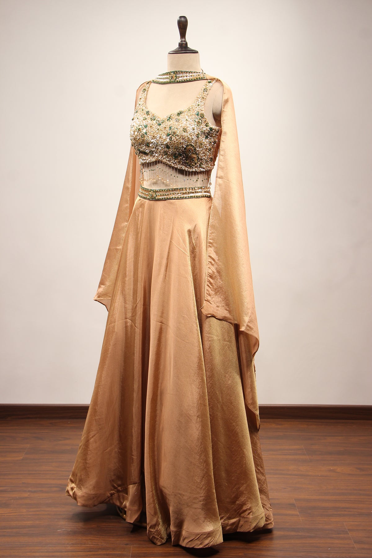 Gold Shimmer Tissue Lehenga with Cut Dana & Sequin Handwork Fringe Top – side view