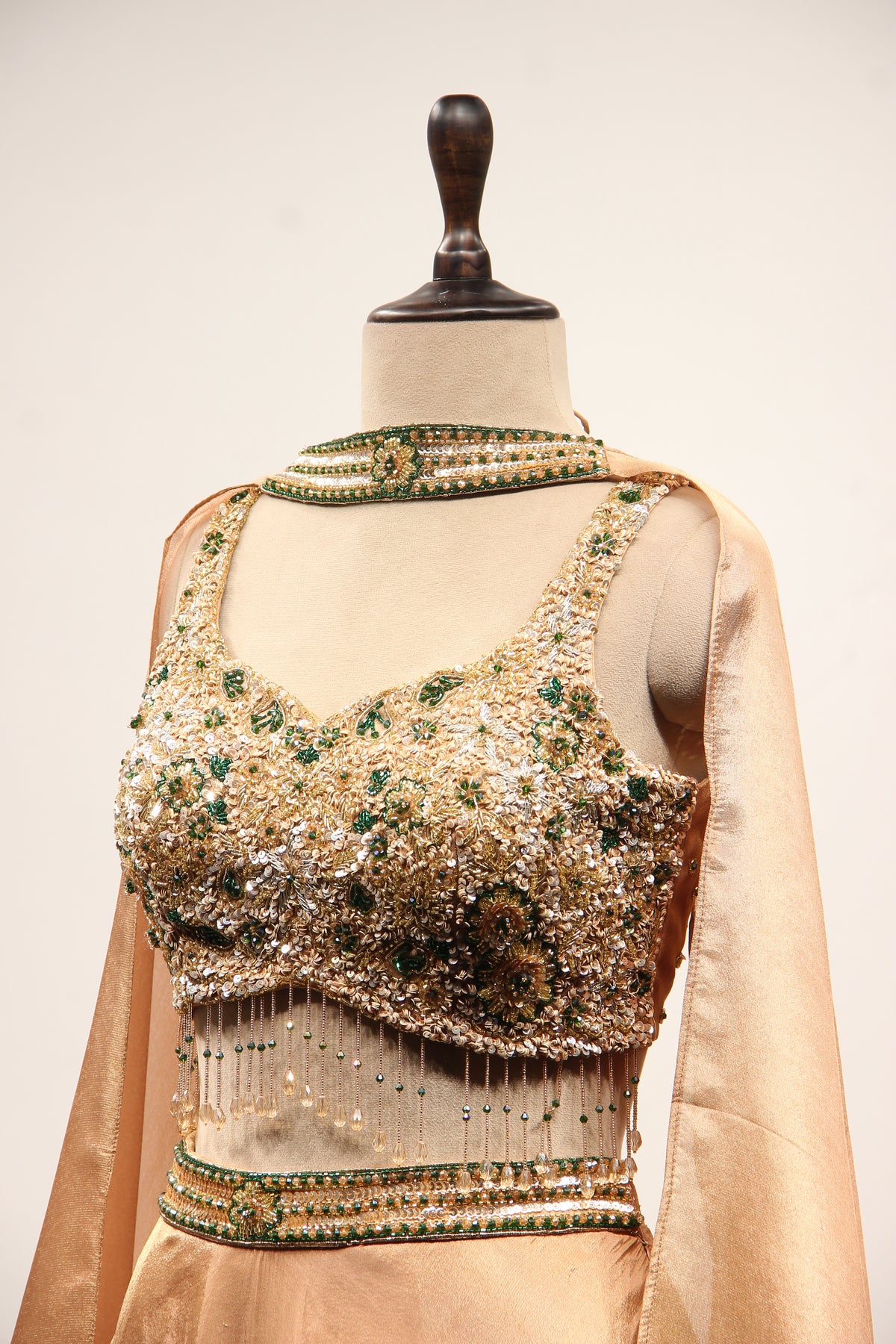 Gold Shimmer Tissue Lehenga with Cut Dana & Sequin Handwork Fringe Top – side close-up