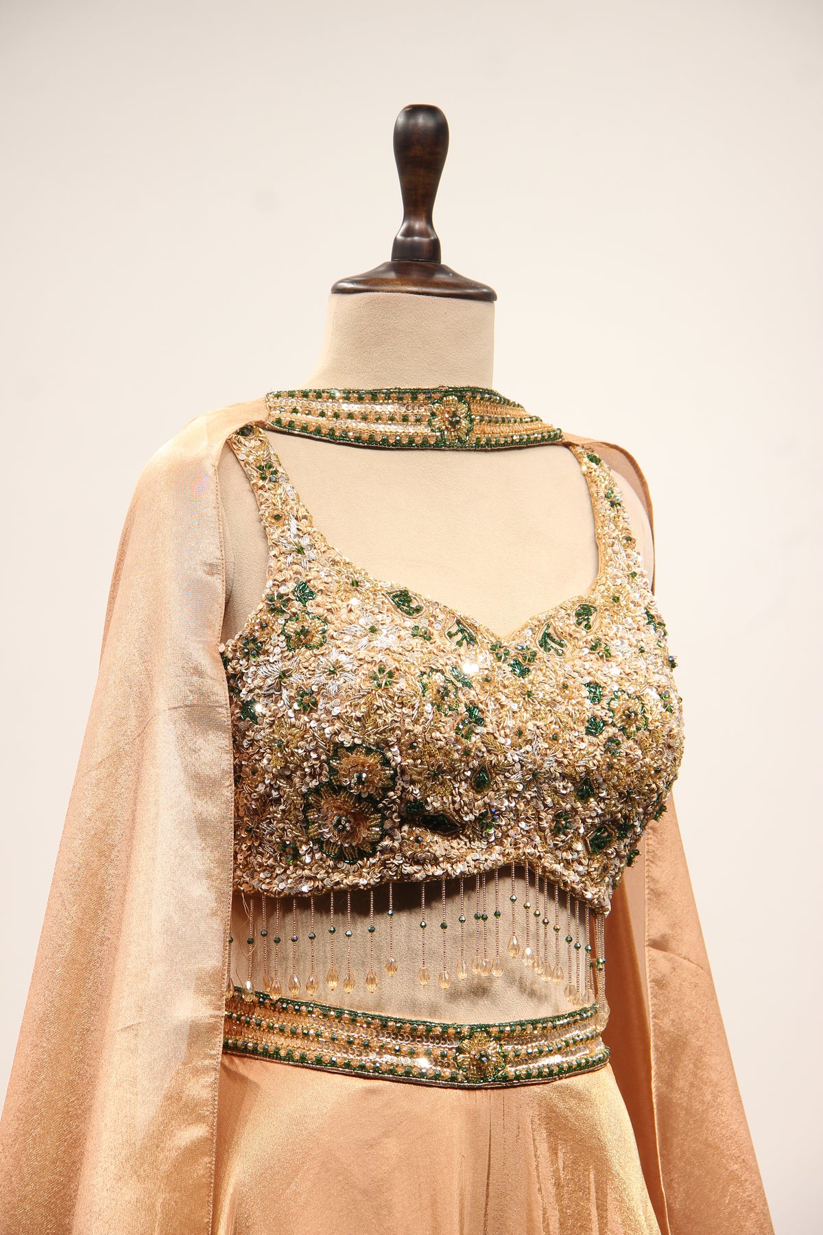 Gold Shimmer Tissue Lehenga with Cut Dana & Sequin Handwork Fringe Top – other side close-up