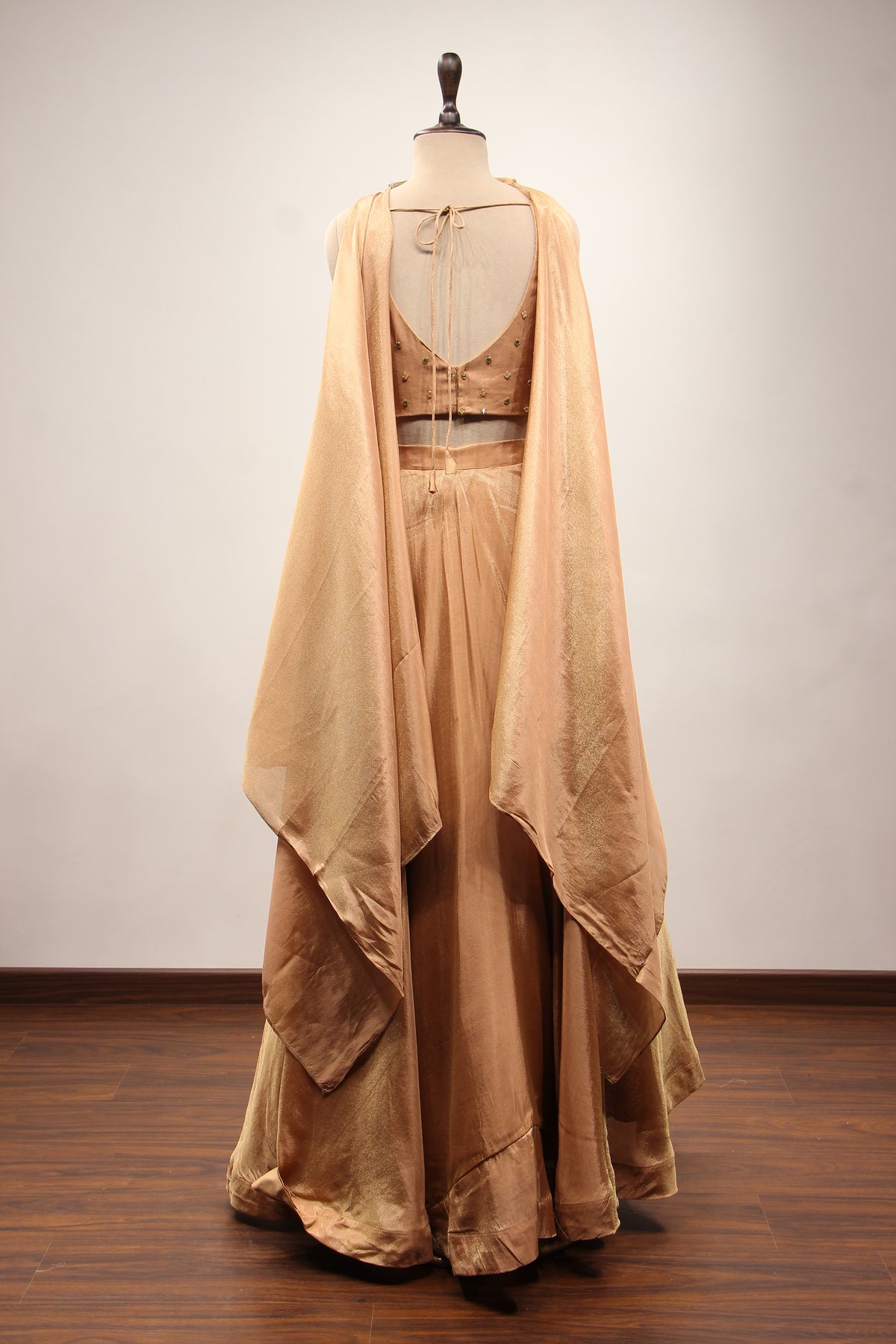 Gold Shimmer Tissue Lehenga with Cut Dana & Sequin Handwork Fringe Top – back view