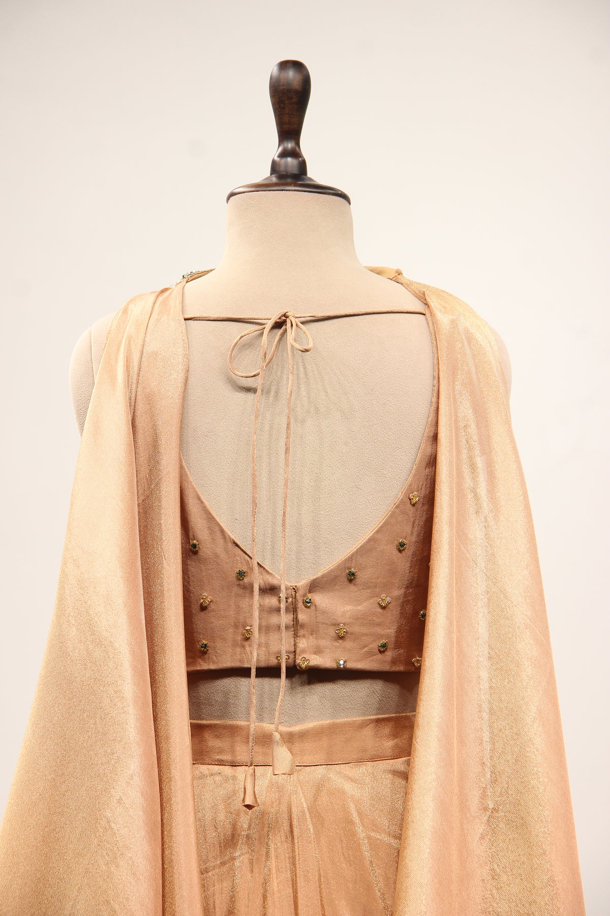 Gold Shimmer Tissue Lehenga with Cut Dana & Sequin Handwork Fringe Top – back close-up