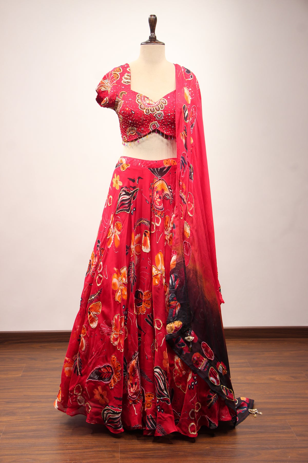 Red Organza Lehenga with Printed & Cut Dana Handwork Cap Sleeve Top – front view