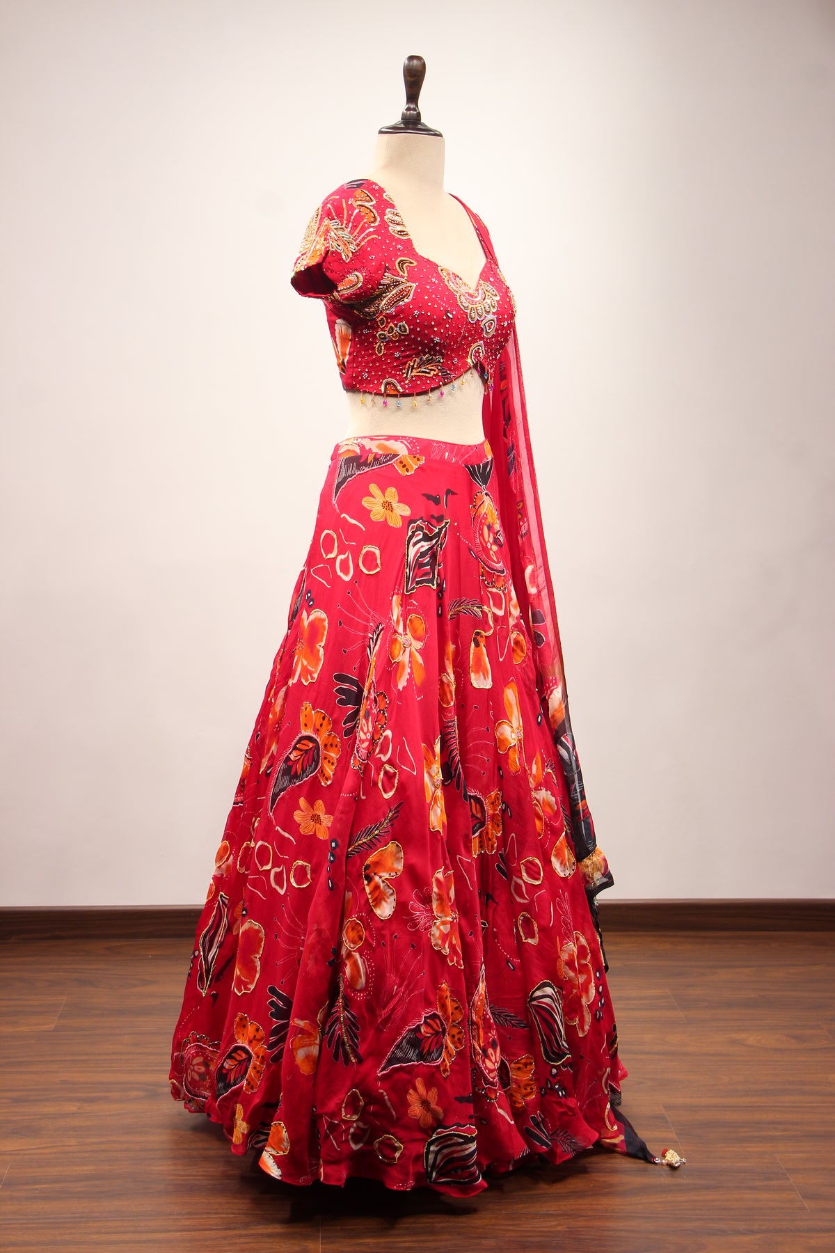 Red Organza Lehenga with Printed & Cut Dana Handwork Cap Sleeve Top – other side view