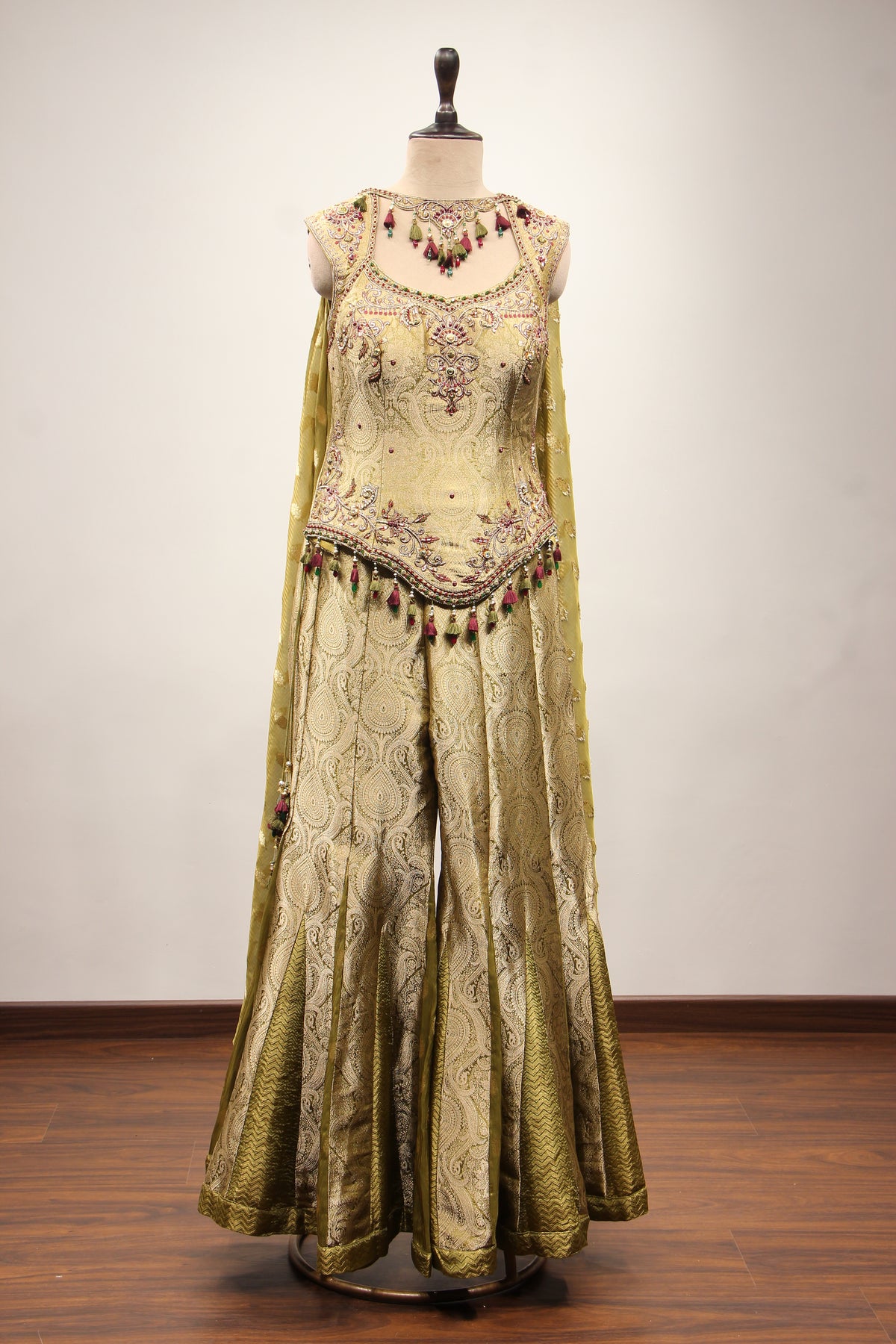 Mehendi Banarasi Brocade Indo Western with Hand Embroidery & Cut Dana – front view