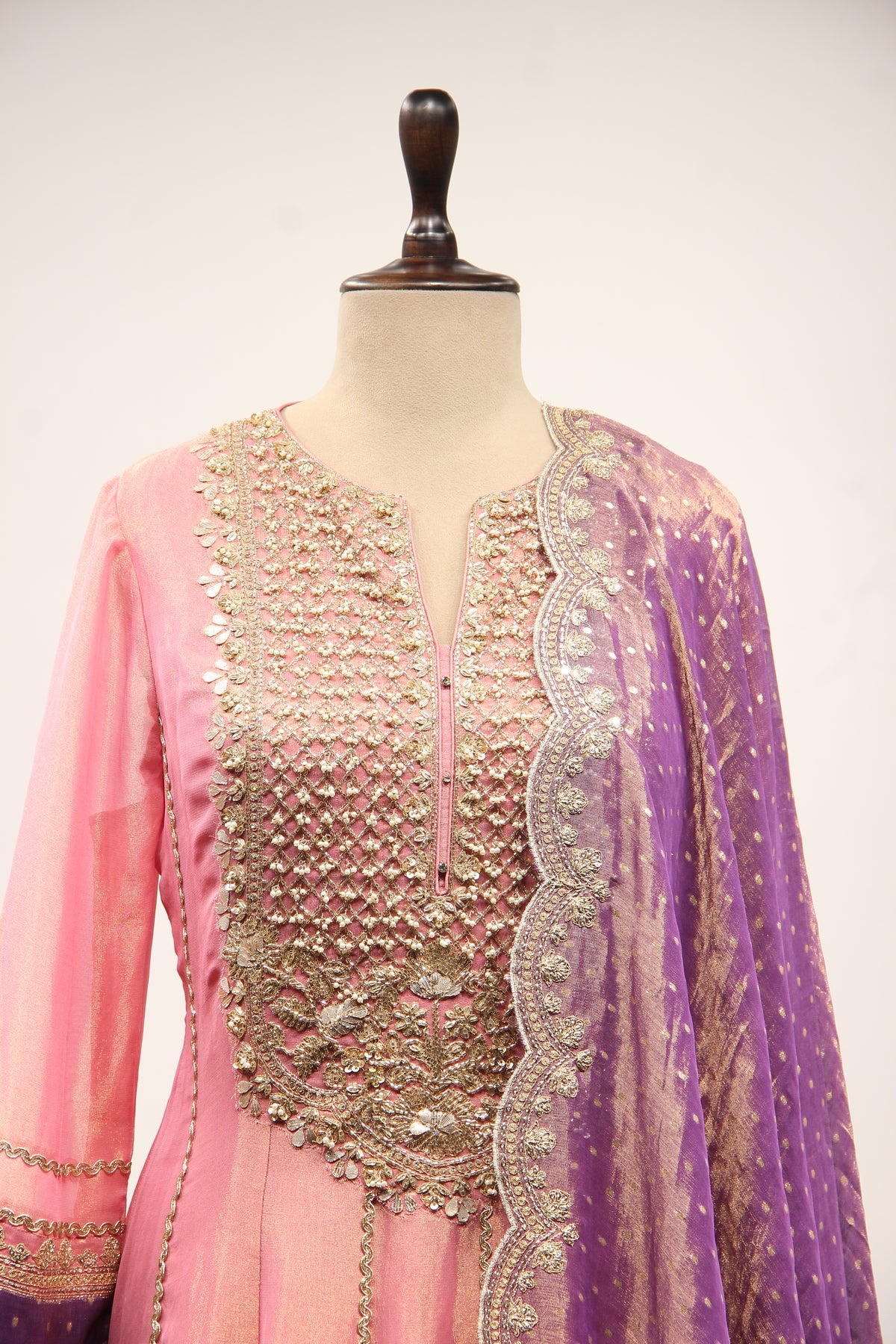 Tissue Floor Length Anarkali Gown with Bead & Cut Dana Handwork Yoke in Pink – front close-up