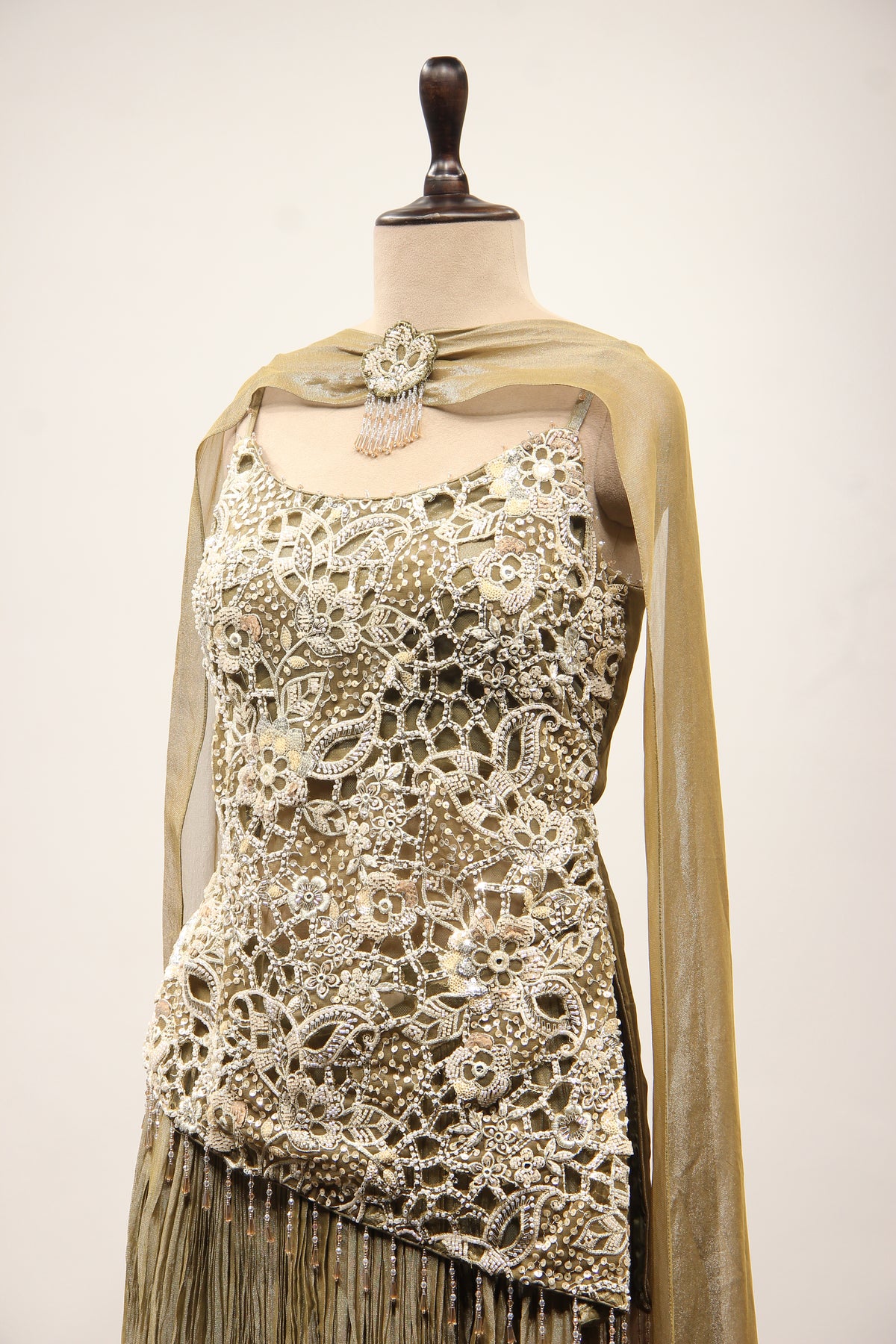 Crush Tissue Sharara Suit with Bead & Cut Dana Handwork Choker Dupatta in Green – side close-up