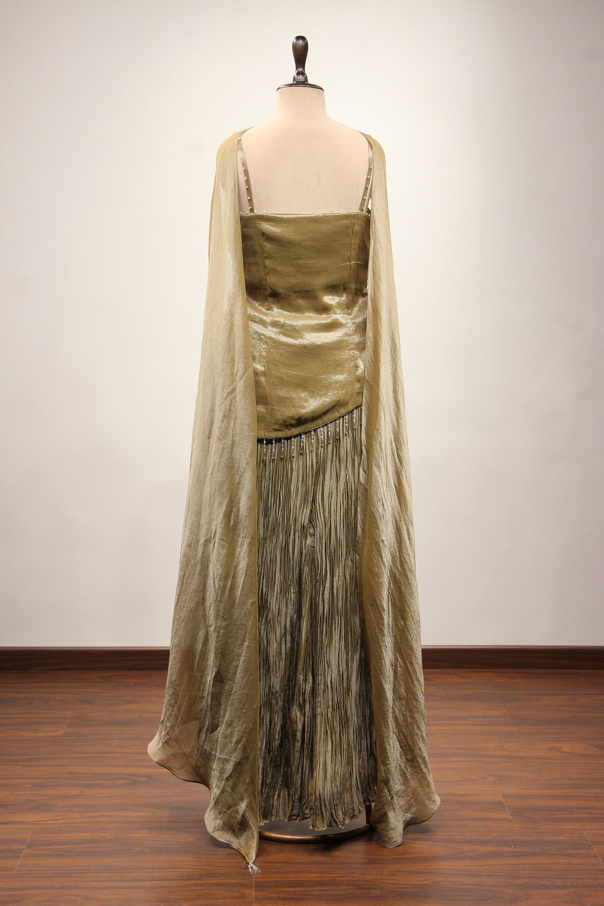 Crush Tissue Sharara Suit with Bead & Cut Dana Handwork Choker Dupatta in Green – back view
