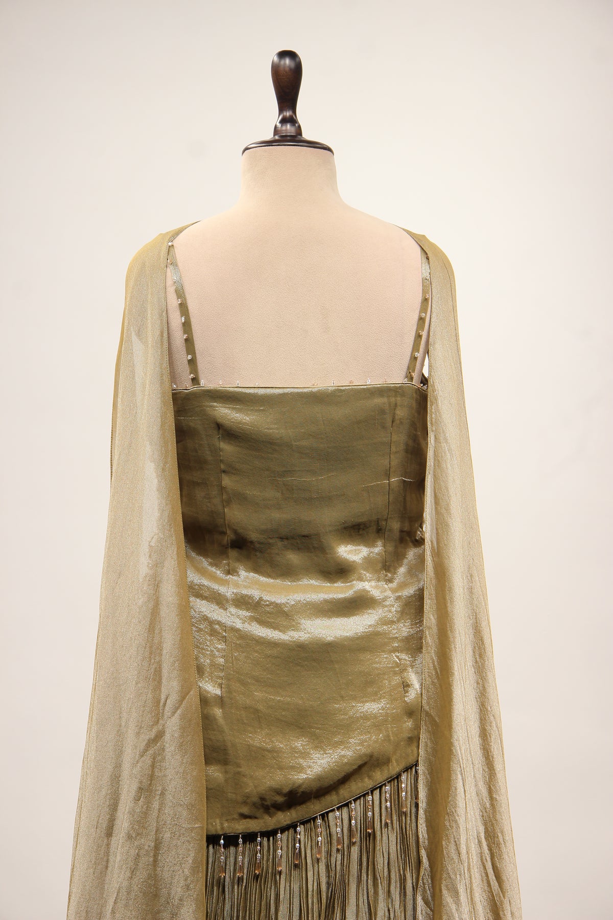 Crush Tissue Sharara Suit with Bead & Cut Dana Handwork Choker Dupatta in Green – back close-up