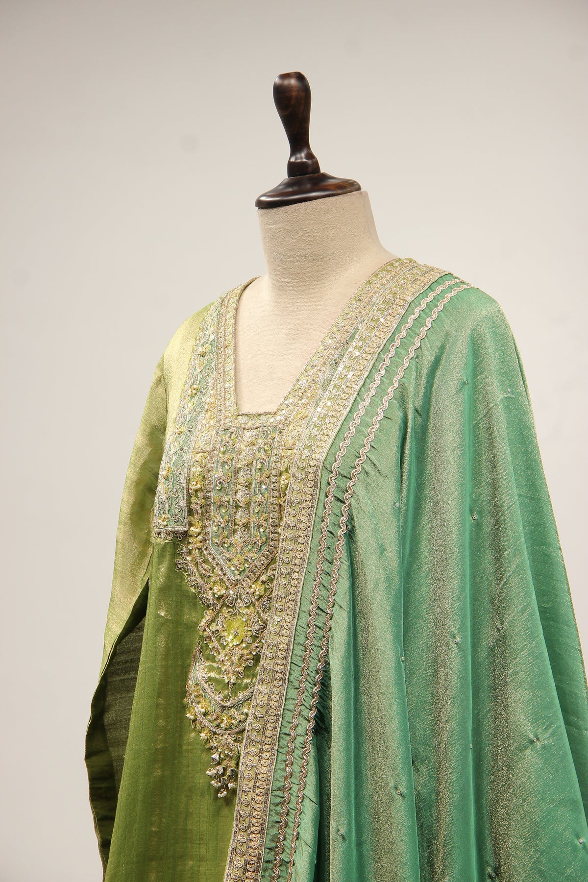 Green Tissue Farshi Salwar Suit with Cut Dana & Sequin Handwork – side close-up