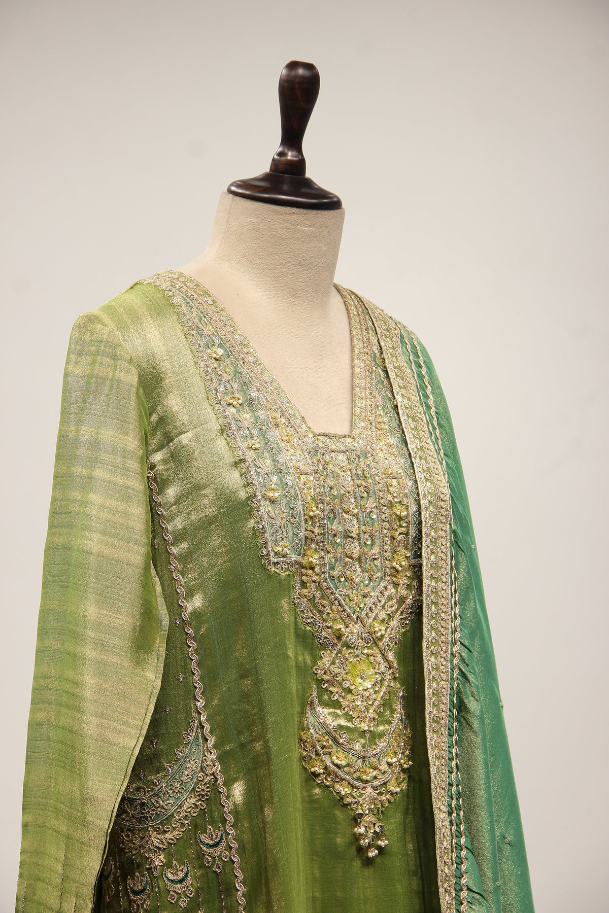 Green Tissue Farshi Salwar Suit with Cut Dana & Sequin Handwork – other side close-up
