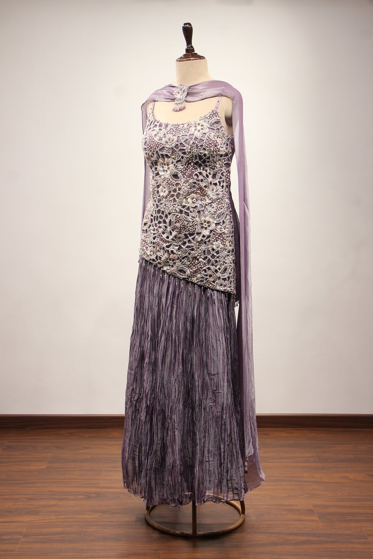 Crush Tissue Sharara Suit with Bead & Cut Dana Handwork Choker Dupatta in Purple – side view