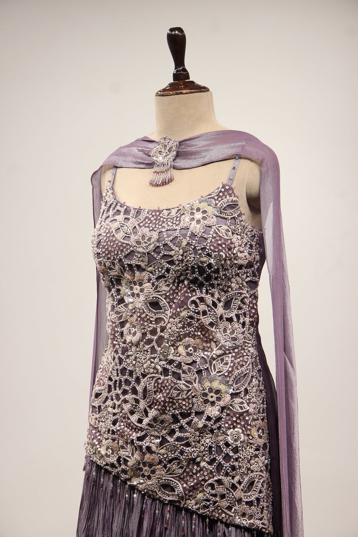 Crush Tissue Sharara Suit with Bead & Cut Dana Handwork Choker Dupatta in Purple – side close-up