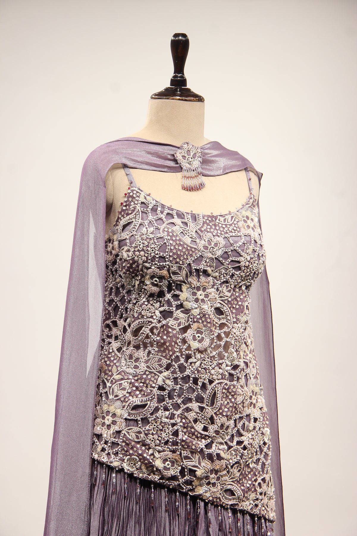 Crush Tissue Sharara Suit with Bead & Cut Dana Handwork Choker Dupatta in Purple – other side close-up