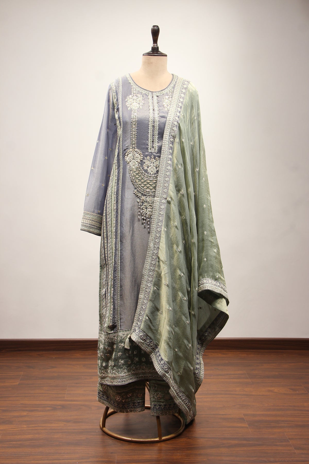Blue Tissue Pakistani Pant Suit with Cut Dana & Stone Handwork – front view
