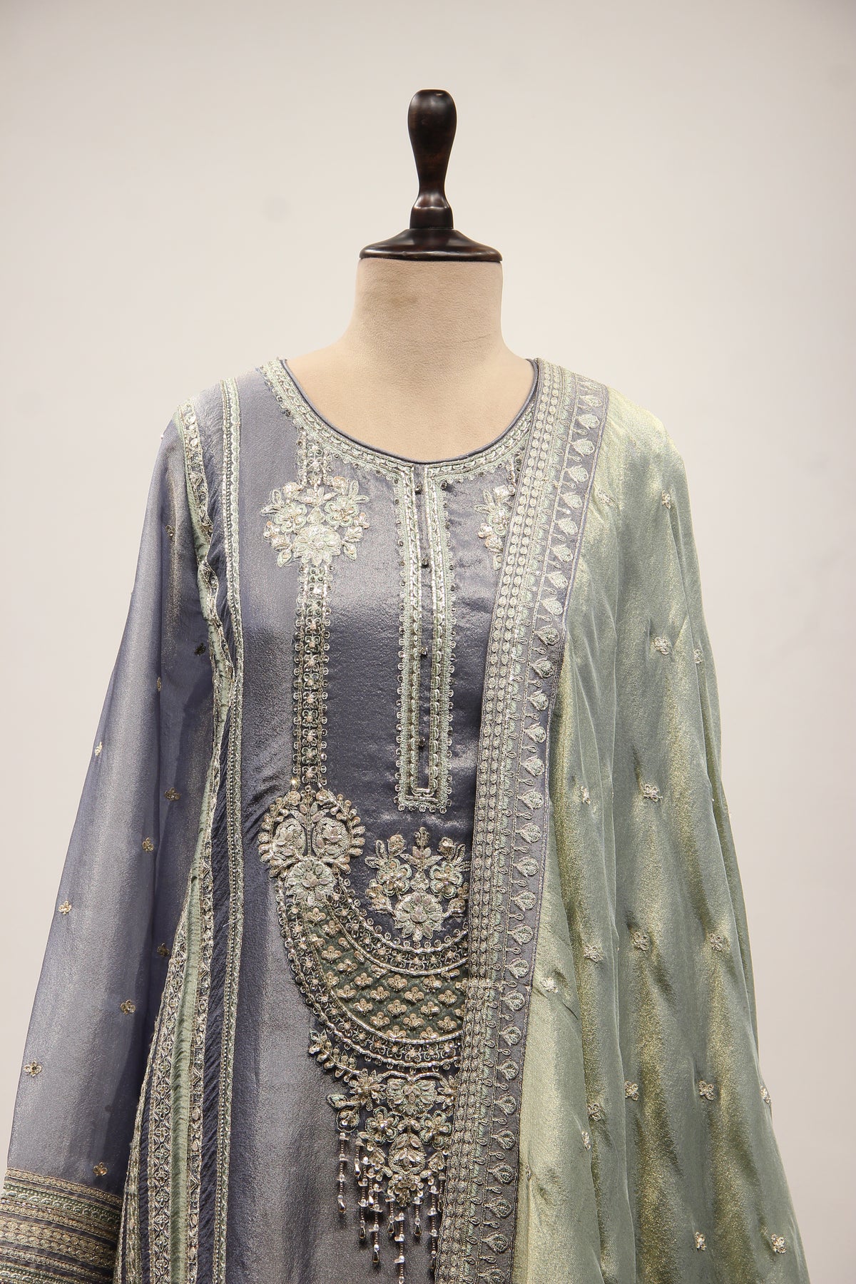 Blue Tissue Pakistani Pant Suit with Cut Dana & Stone Handwork – front close-up