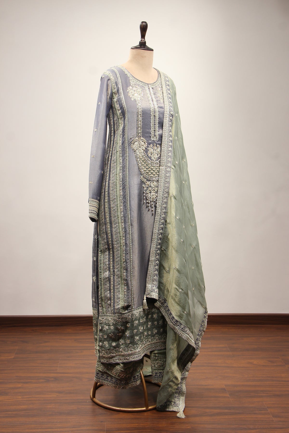 Blue Tissue Pakistani Pant Suit with Cut Dana & Stone Handwork – other side view